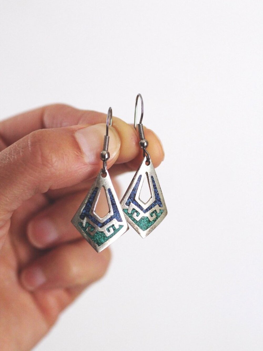 Vintage Alpaca Silver Mosaic Inlay Dangle Earrings Mexico Geometric Southwestern
